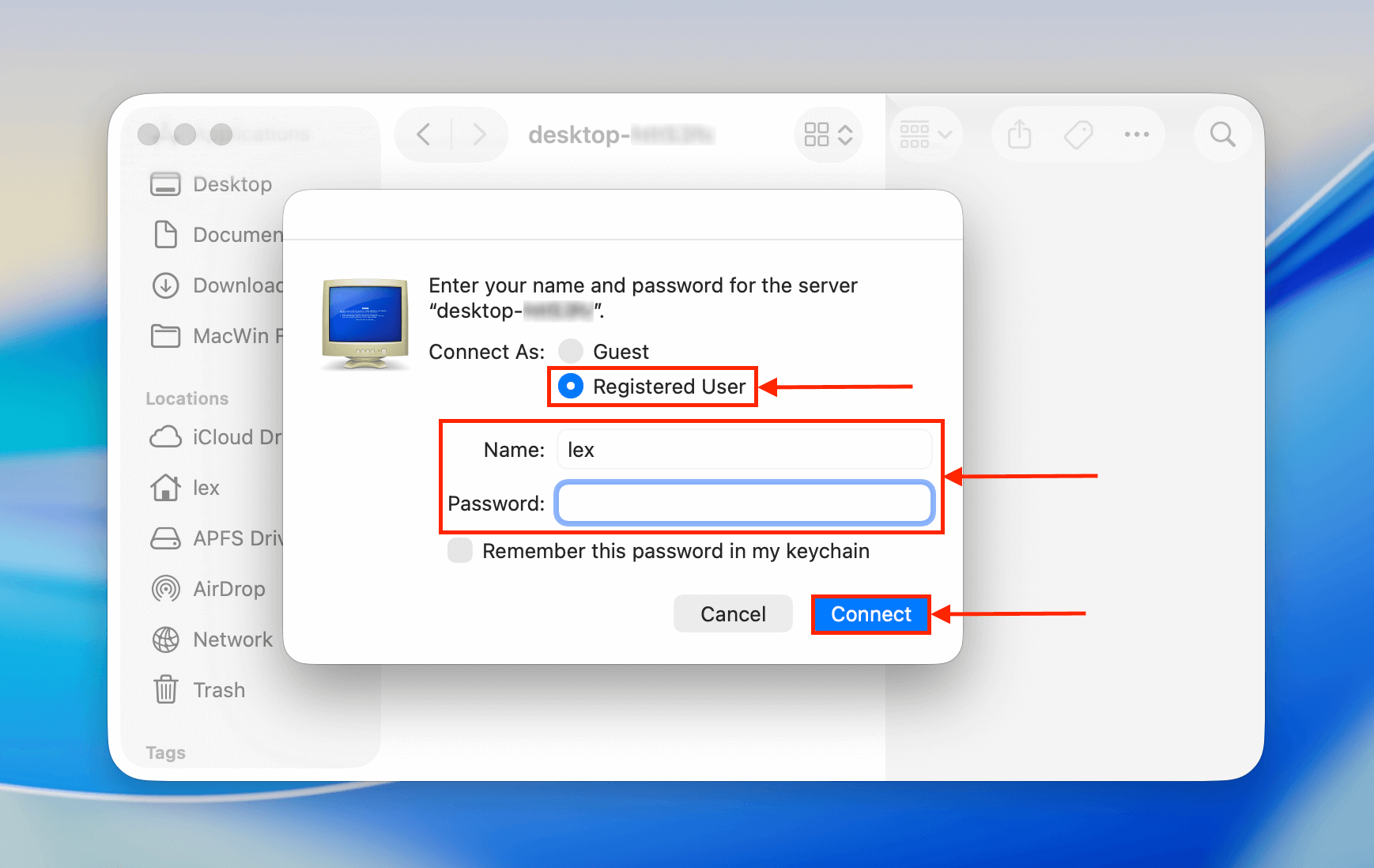 Entering credentials for Windows network folder in Finder