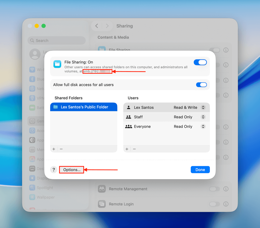 File Sharing options menu in System Settings