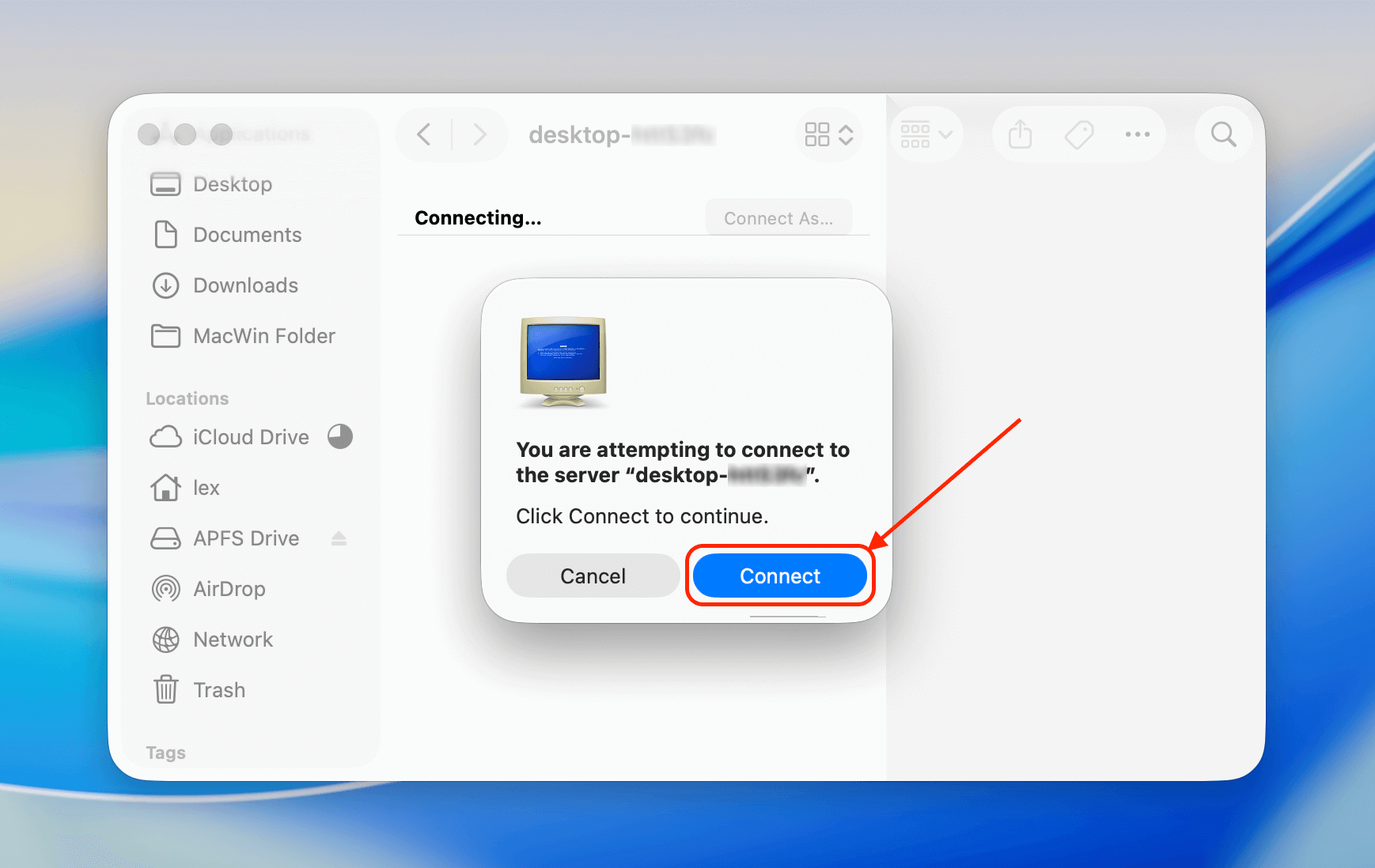 Confirmation connection to a Windows machine through macOS Finder
