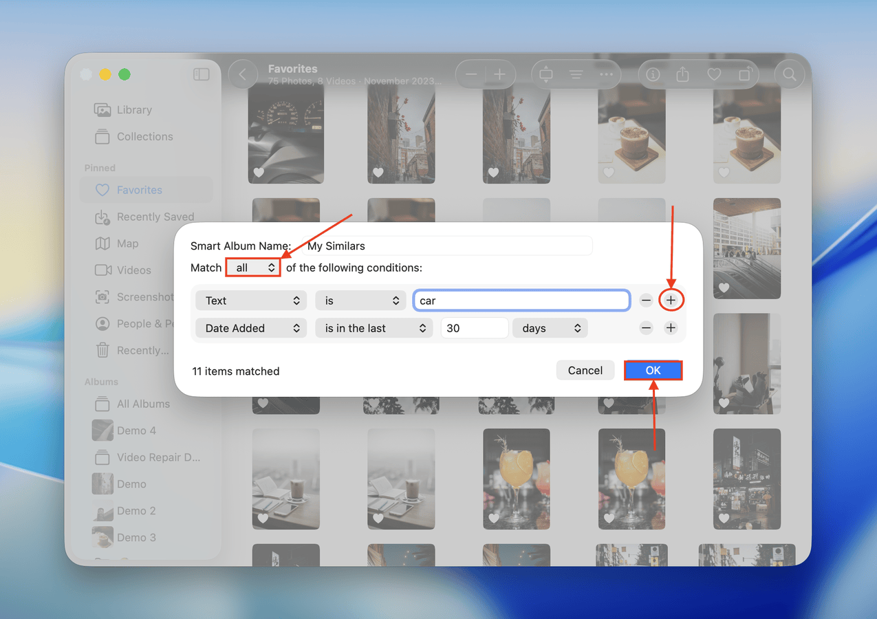 Setting up a Smart Album's conditions in the macOS Photos app