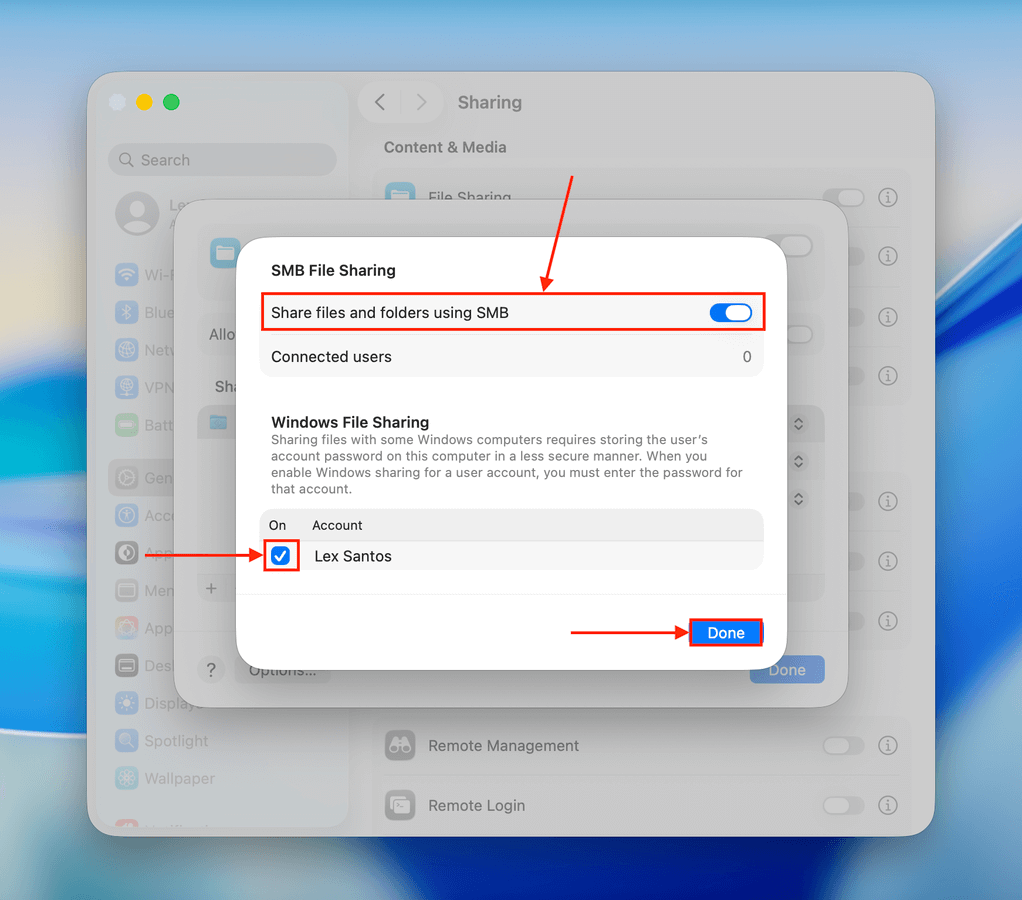 Enabling SMB and Windows File Sharing in Mac System Settings