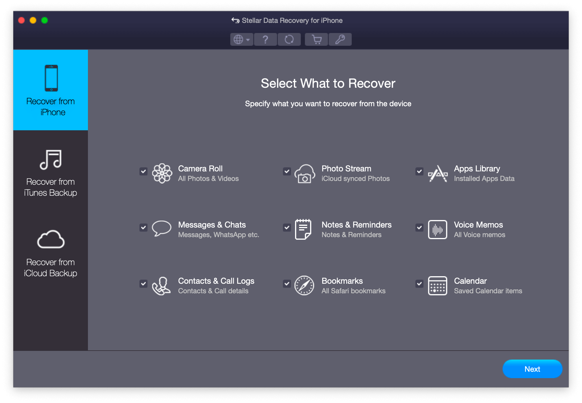 Stellar Data Recovery for iPhone main menu