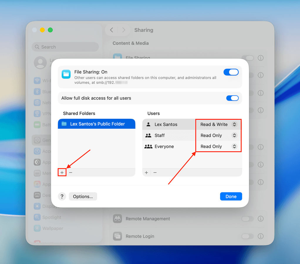 Modifying permissions in the File Sharing menu