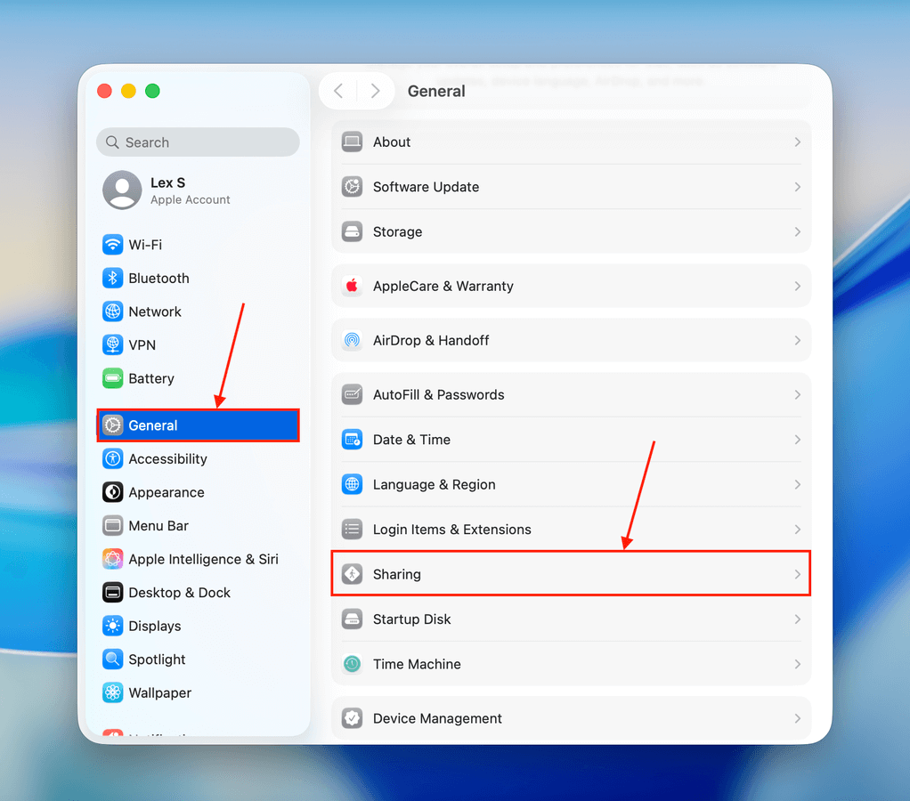 Sharing button in the System Settings General menu