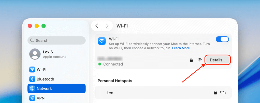Details button in the WiFi menu