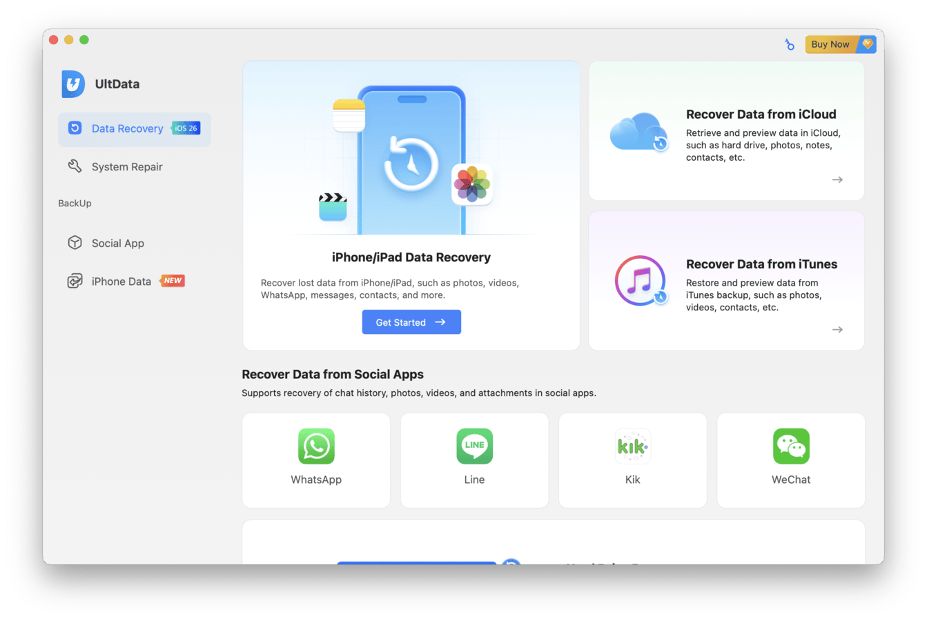 Tenorshare UltData for iOS main menu