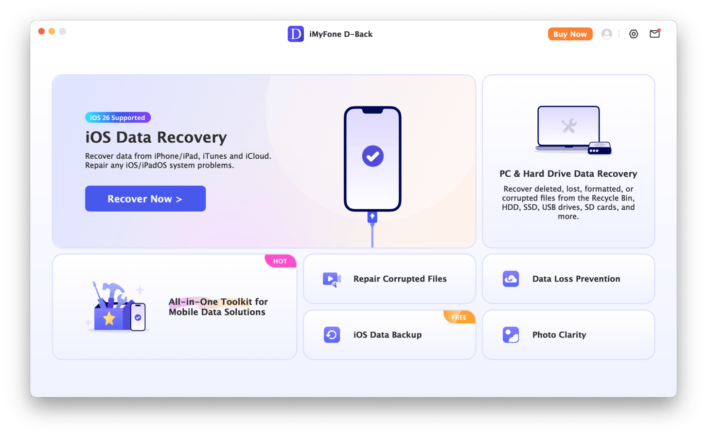 iMyFone D-Back for iPhone main menu