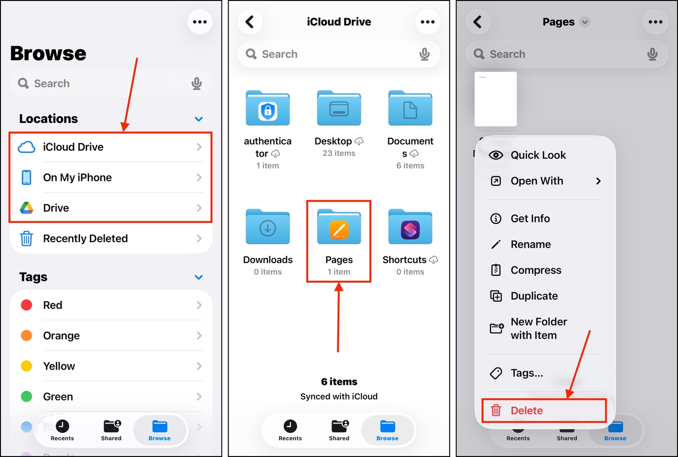 Deleting a Pages file in the Files app