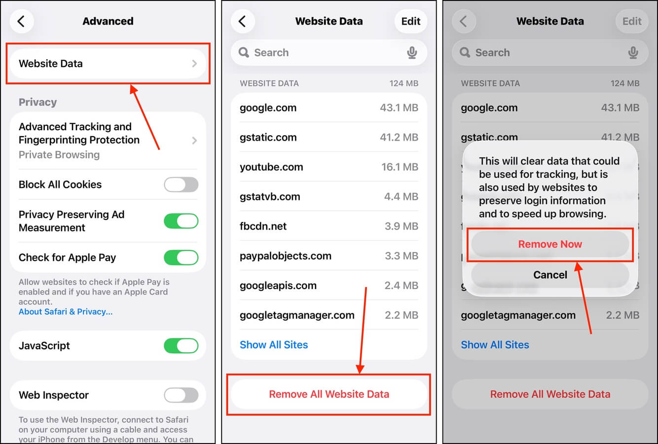 Removing website data in Safari for iOS