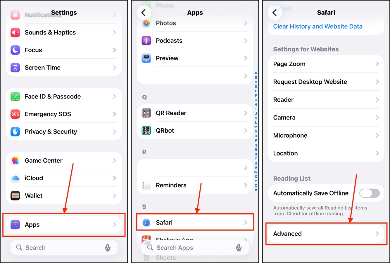 Advanced settings for Safari in the iOS Settings app