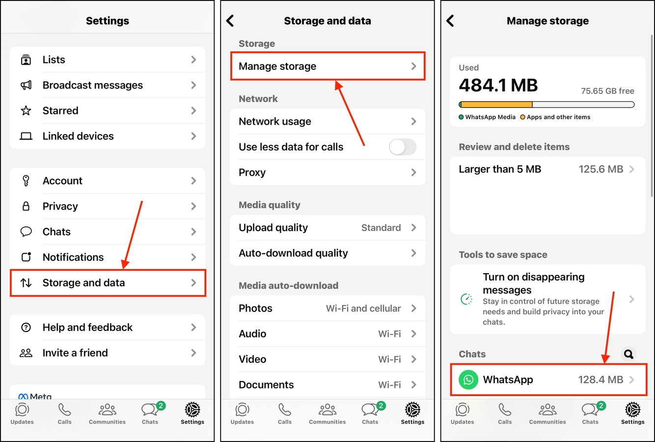 Manage Storage menu in the iOS WhatsApp app