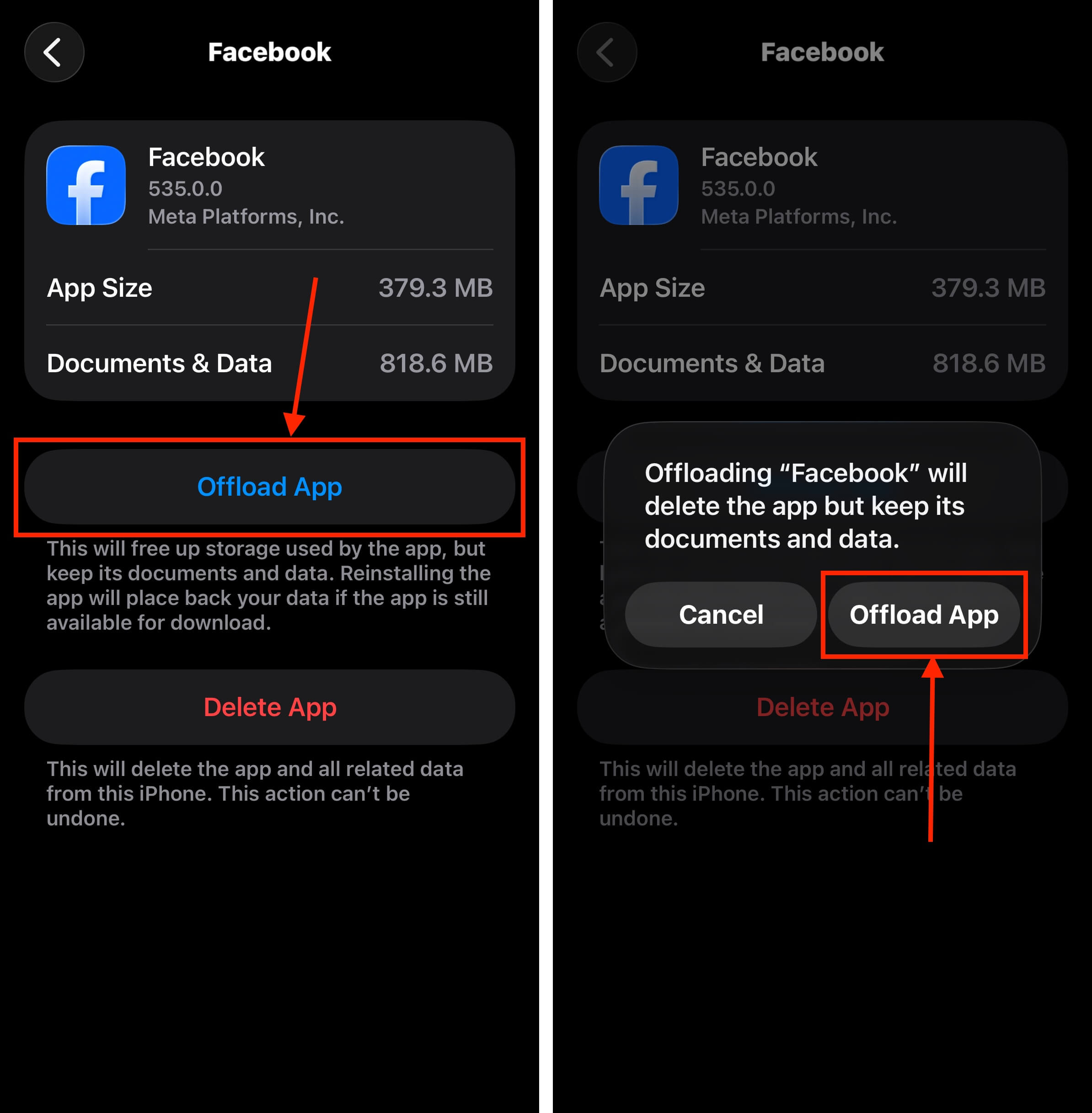 Offloading an app in iOS Settings