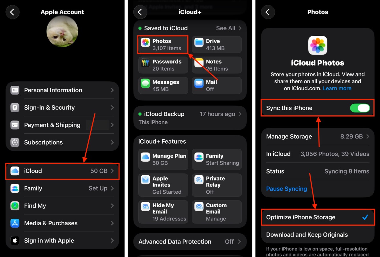 Enabling the Optimize iPhone Storage setting for Photos