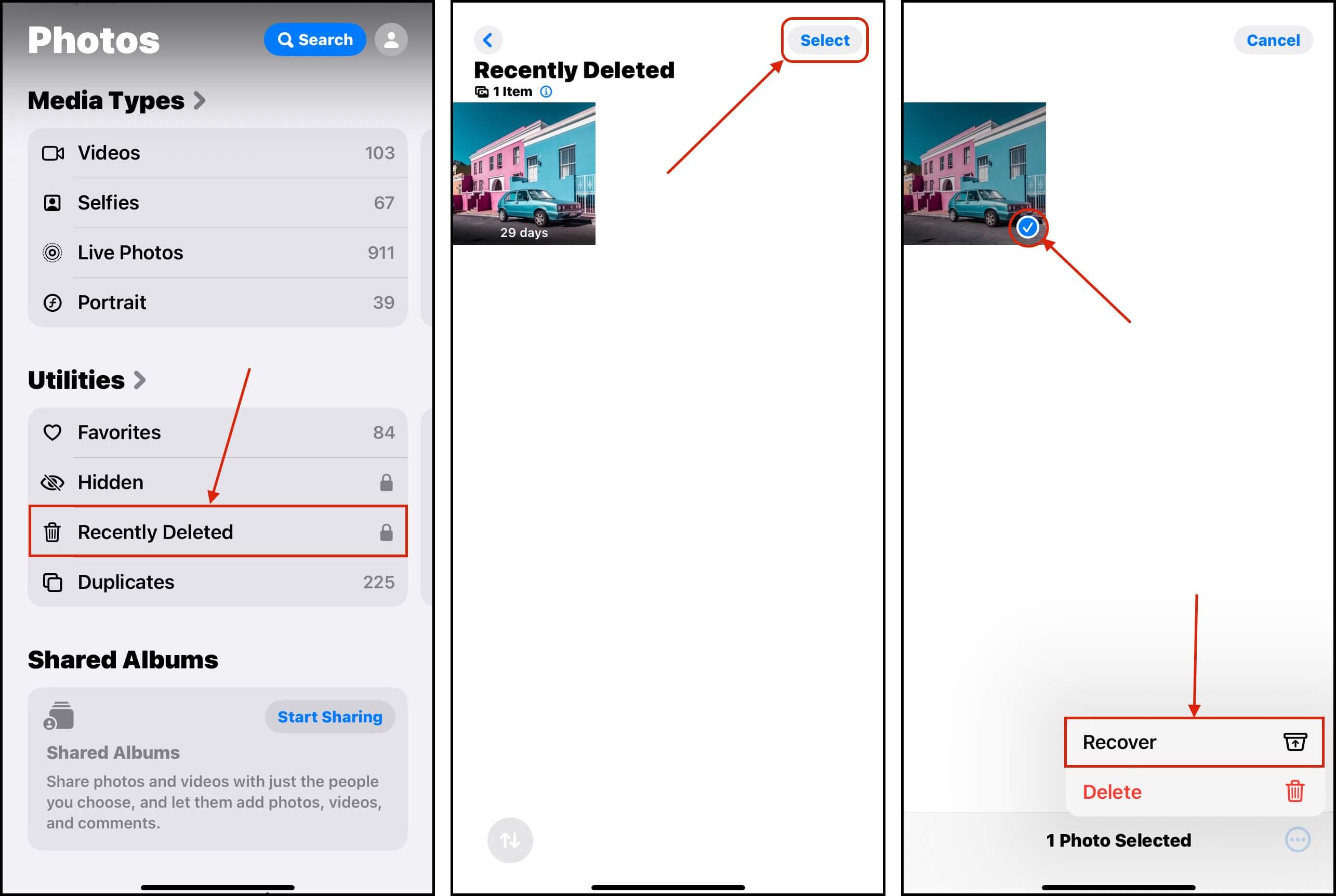 Restoring a photo from the Recently Deleted album in the Photos app