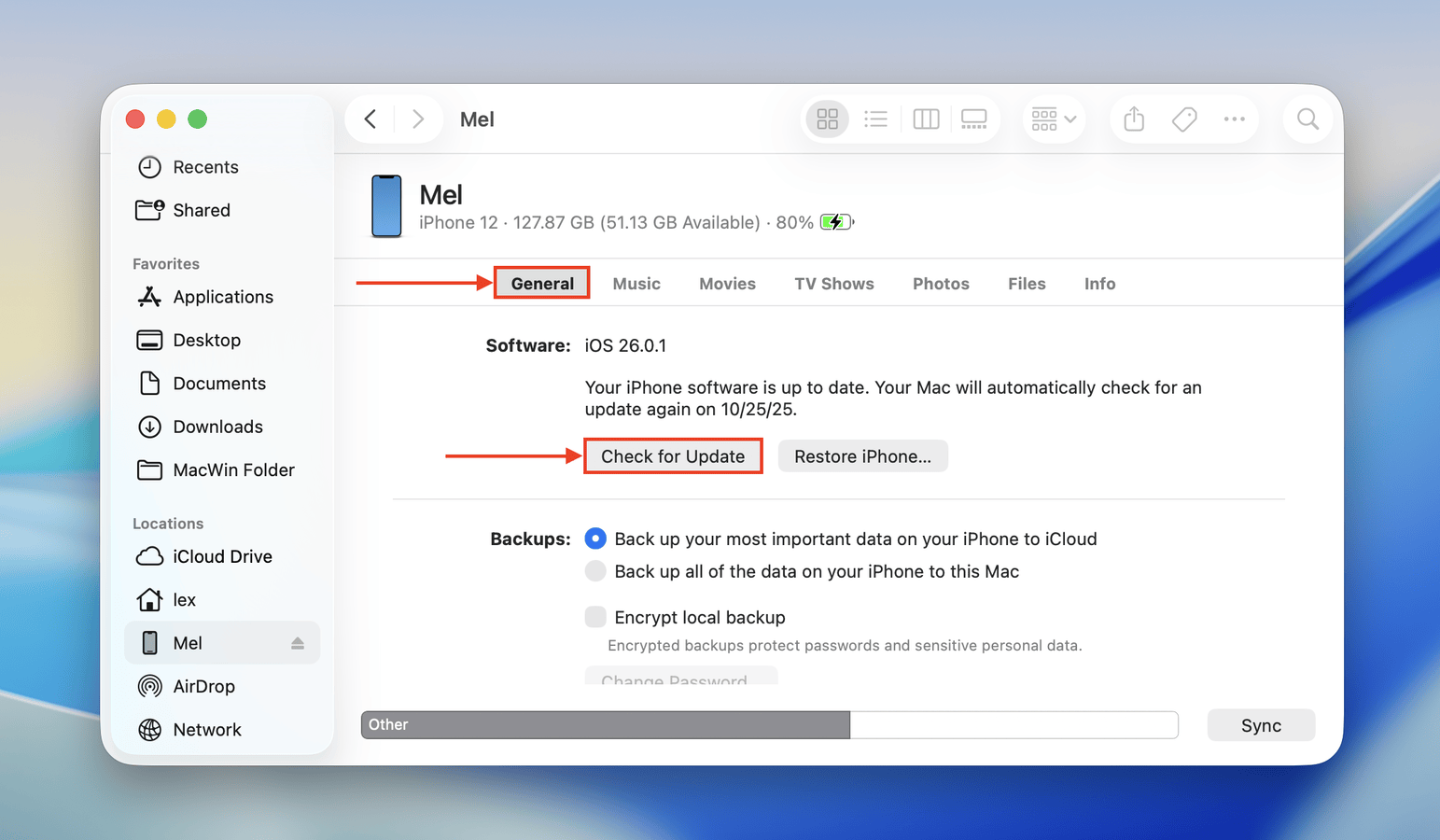 Updating iOS via Finder on a Mac