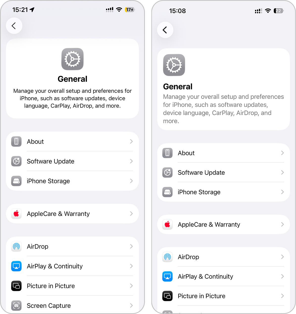 redesign in settings