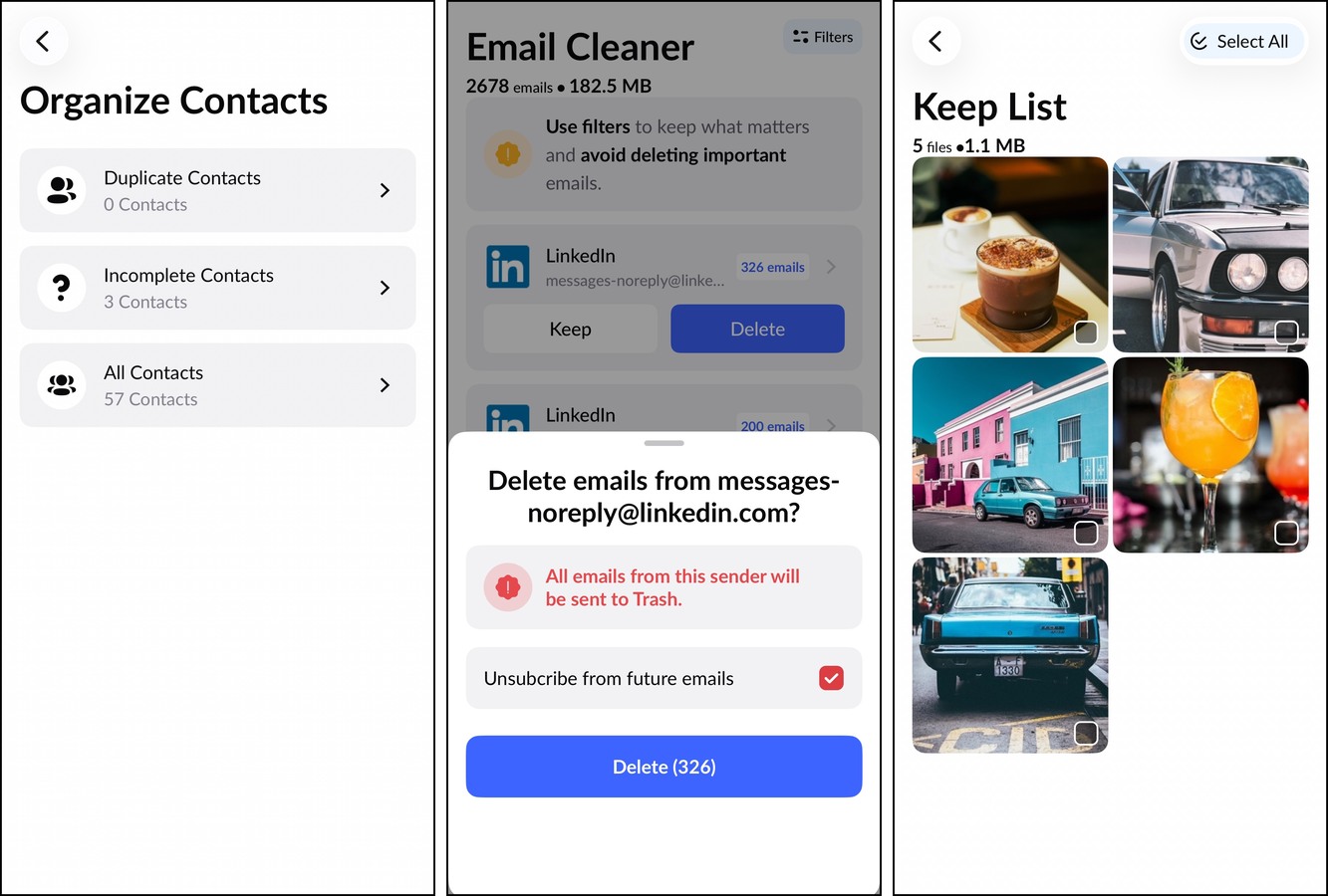 Cleanup App - Phone Cleaner's email cleaner, contacts cleaner, and Keep List