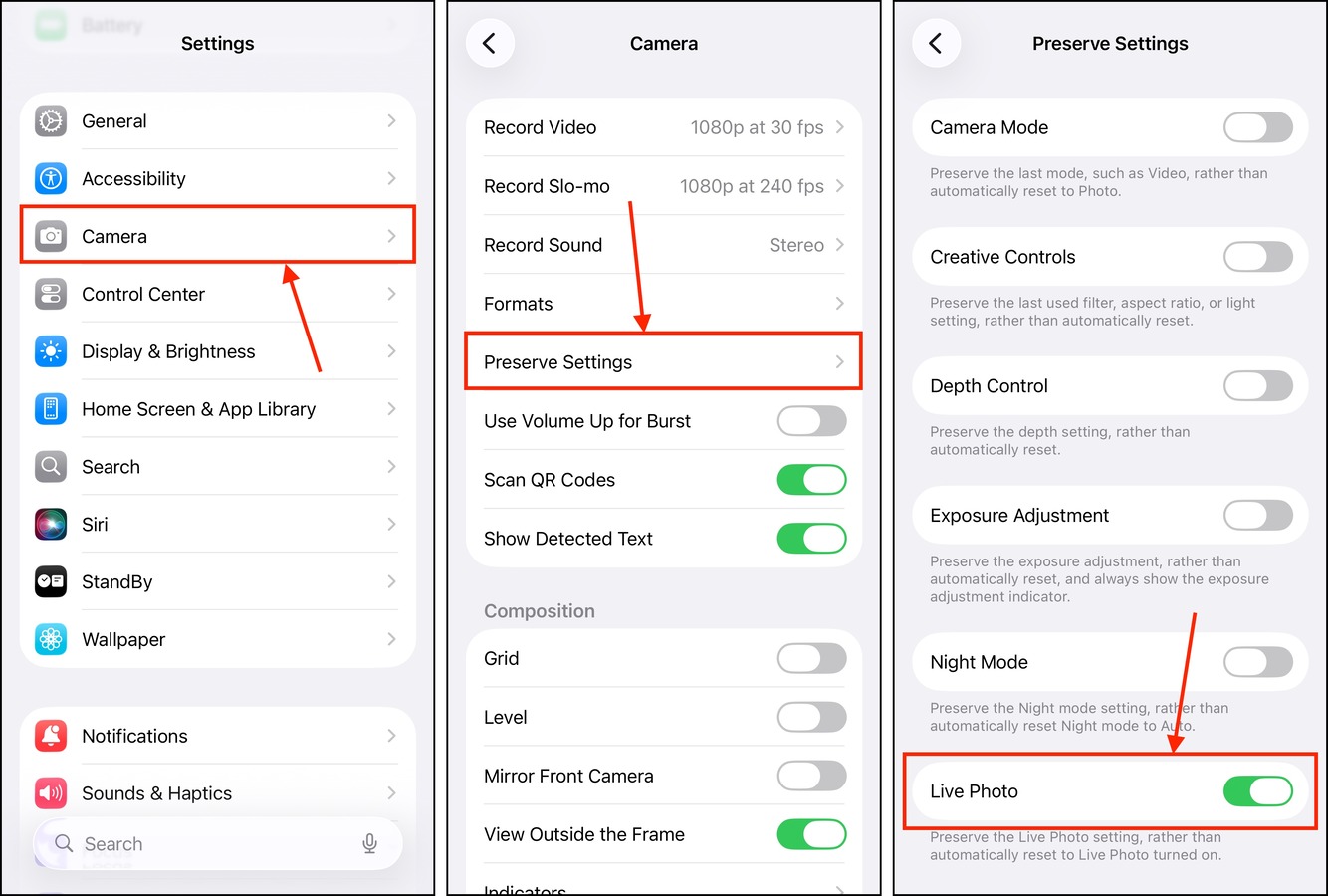 Enabling the Preserve Settings feature for Live Photos