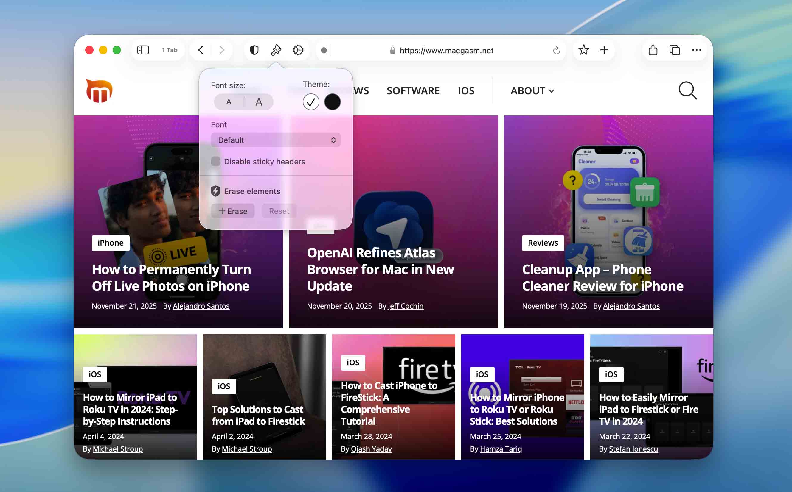 customize option in orion browser