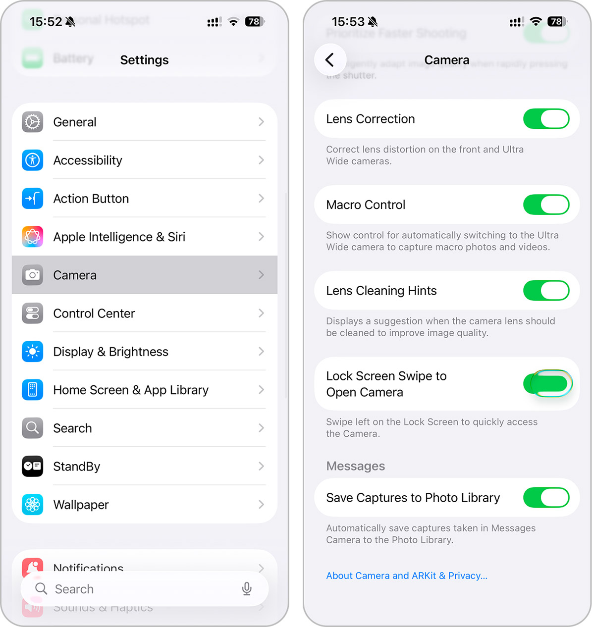 lock screen camera option