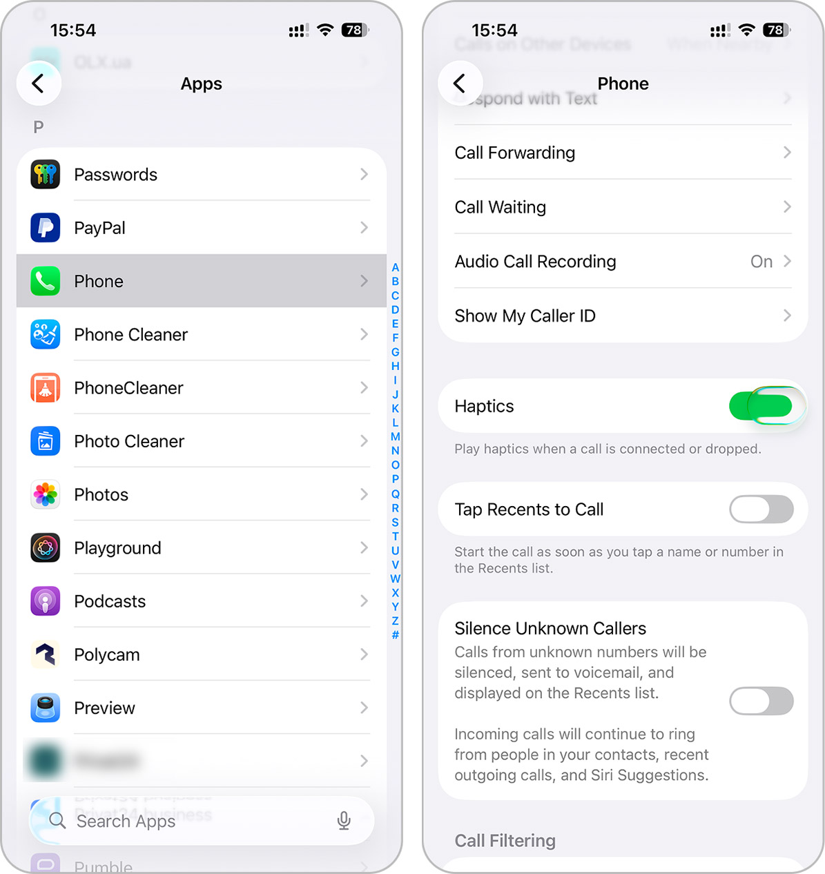 phone haptics settings