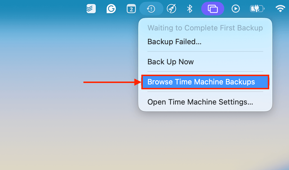 Selecting the Browse Time Machine Backups in the Time Machine menu