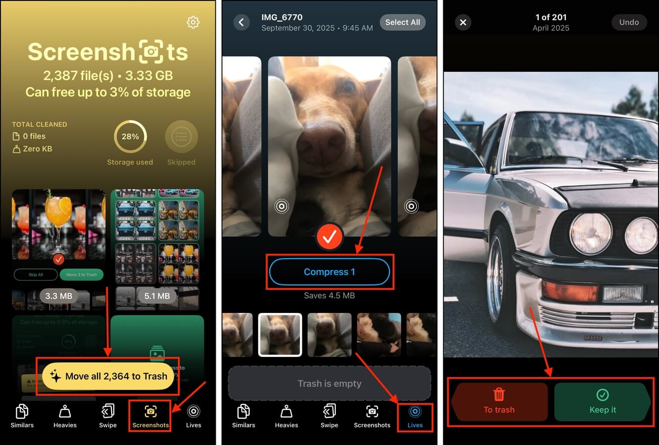 Using Clever Cleaner to clean up screenshots, compress videos, and organize photos with swipes
