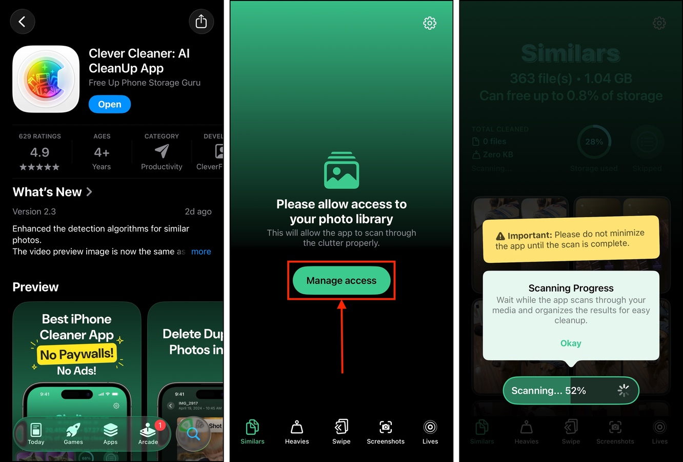 Downloading Clever Cleaner from the App Store and granting permissions