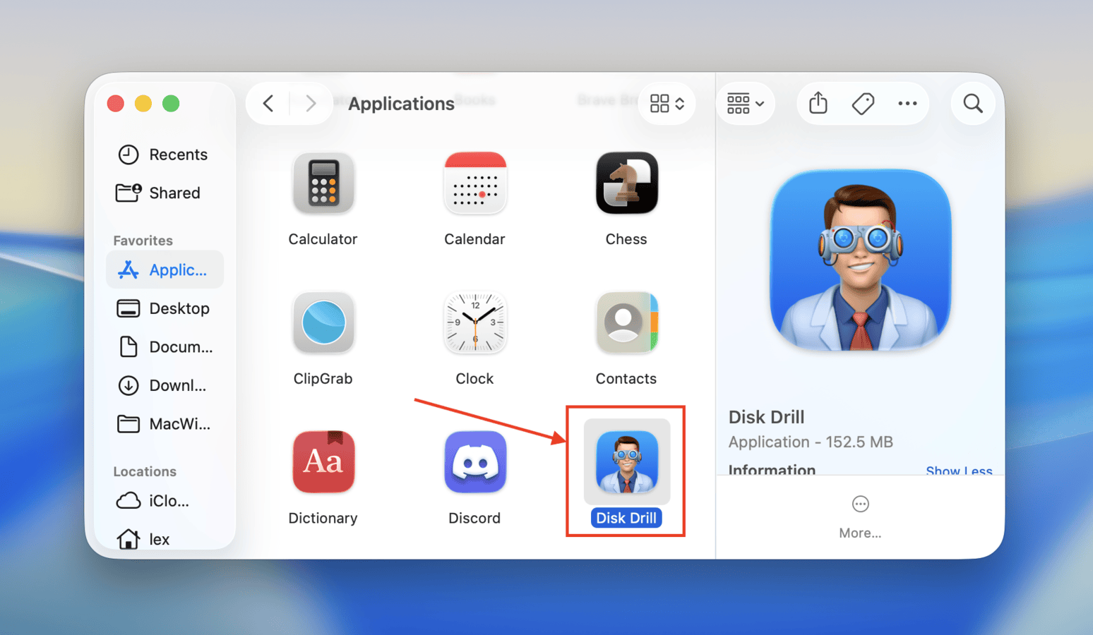Opening the Disk Drill app through Finder