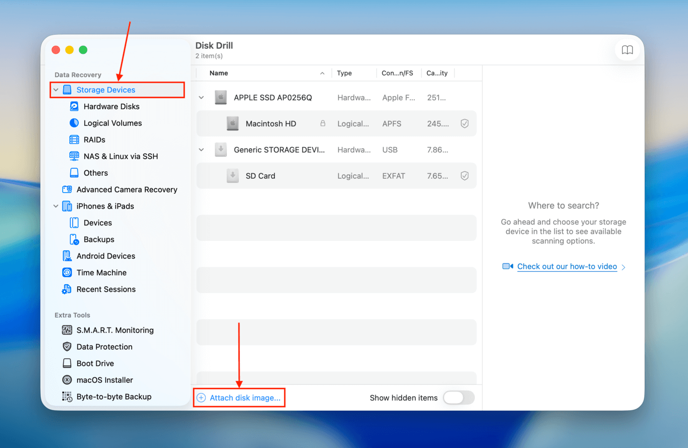 Clicking the Attach Image button in Disk Drill's main menu