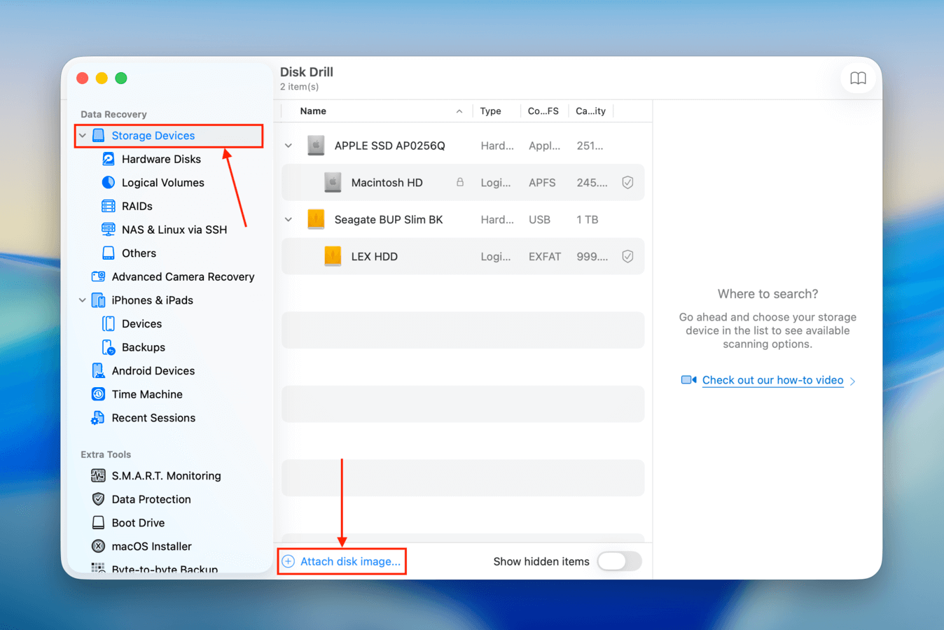 Attaching the image backup to Disk Drill's source selection menu