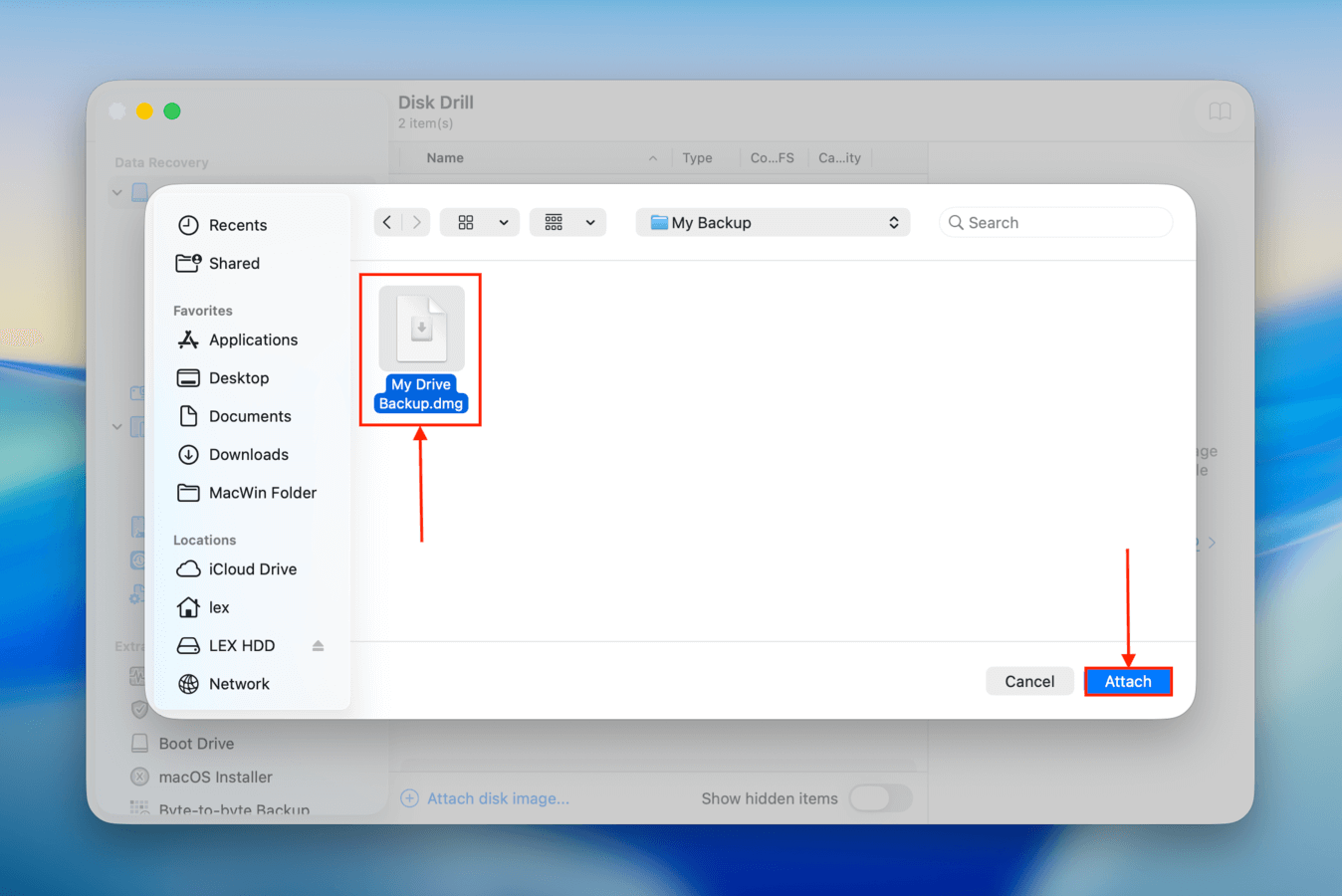 Selecting a backup file to attach to Disk Drill