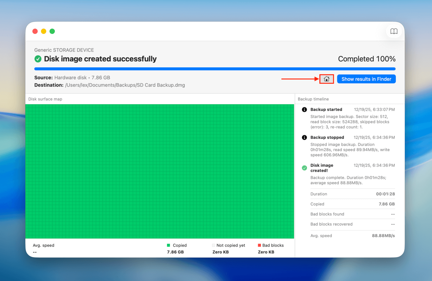 Returning to Disk Drill's main menu after completing the backup
