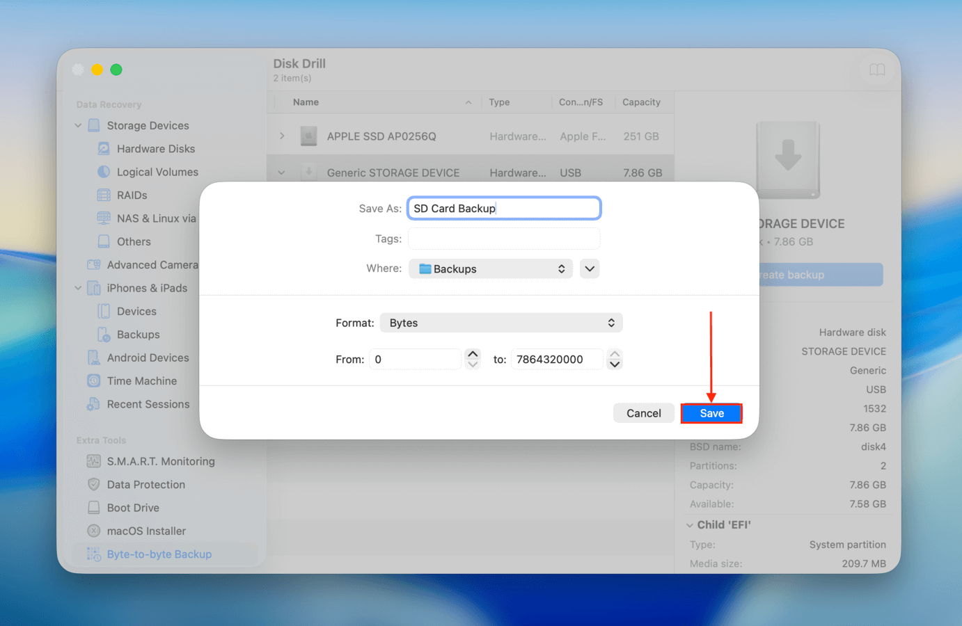Choosing a name and location for Disk Drill's Byte-to-byte backup