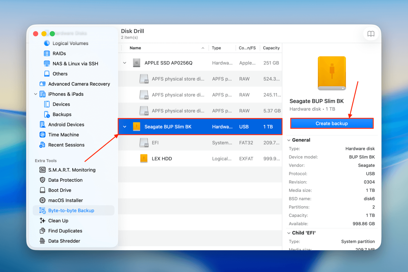 Selecting a drive to backup with Disk Drill