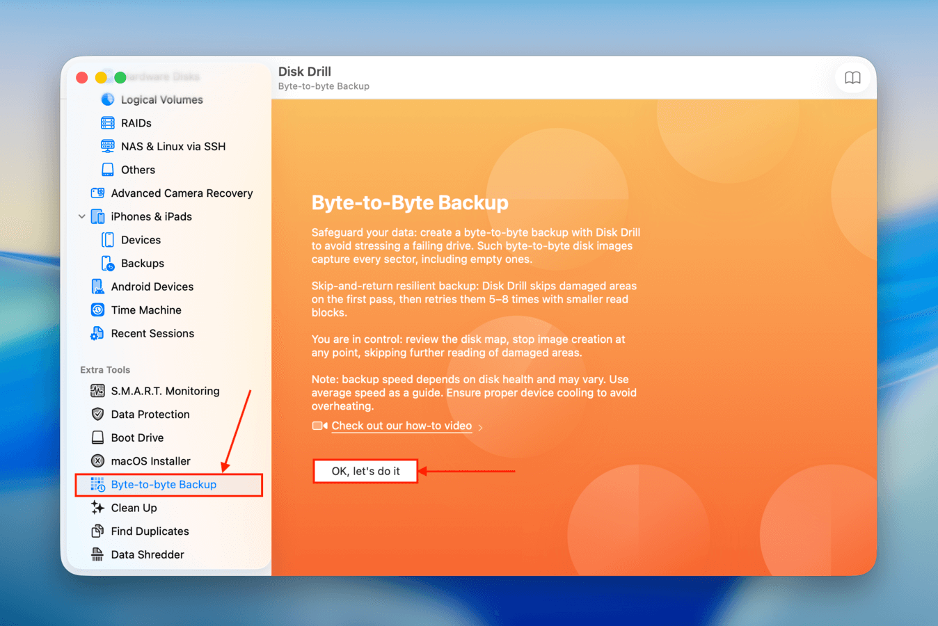Initial Byte-to-byte backup feature screen