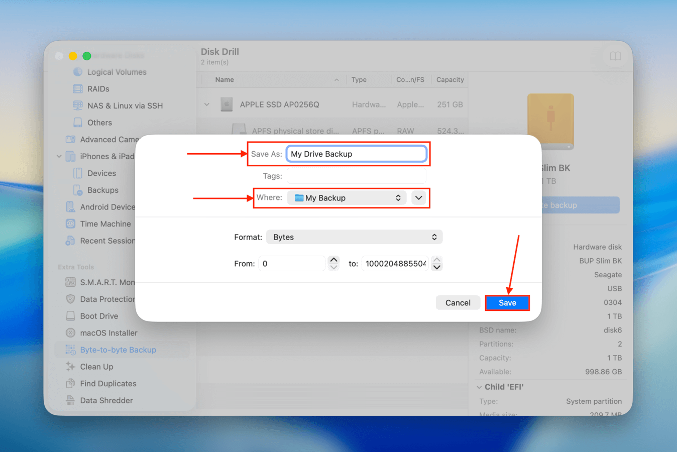 Setting the parameters for the Disk Drill backup file