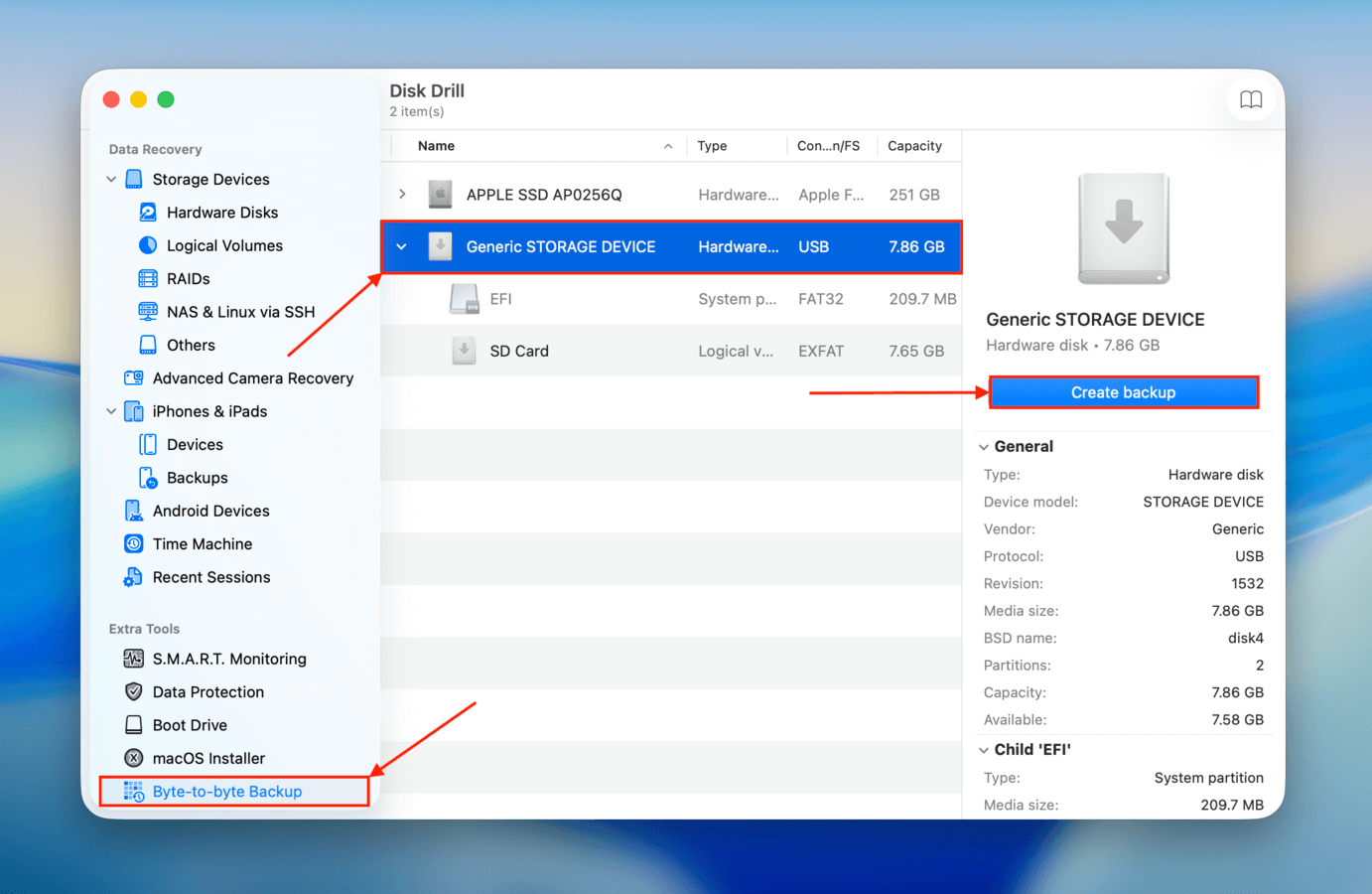 Creating a backup of an SD card using Disk Drill