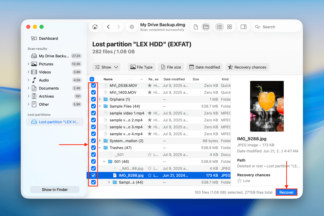 Selecting files for recovery in Disk Drill