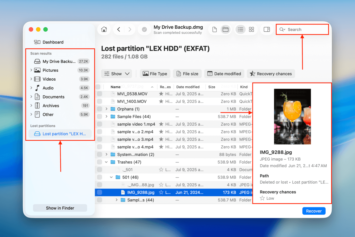 Using the preview, filter, and search tools in Disk Drill