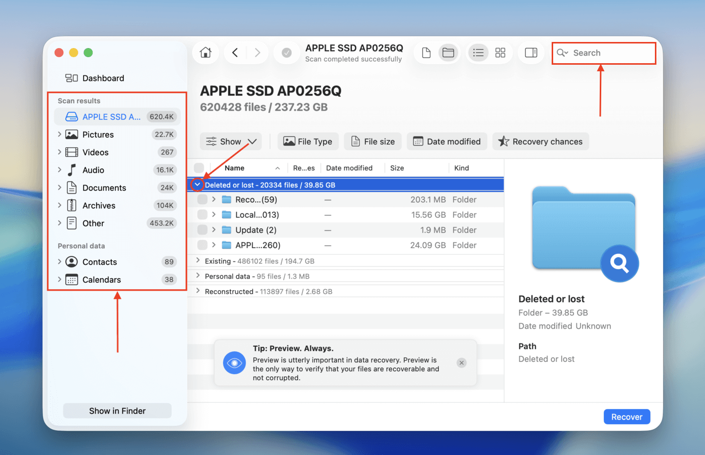 Disk Drill filters and search tools