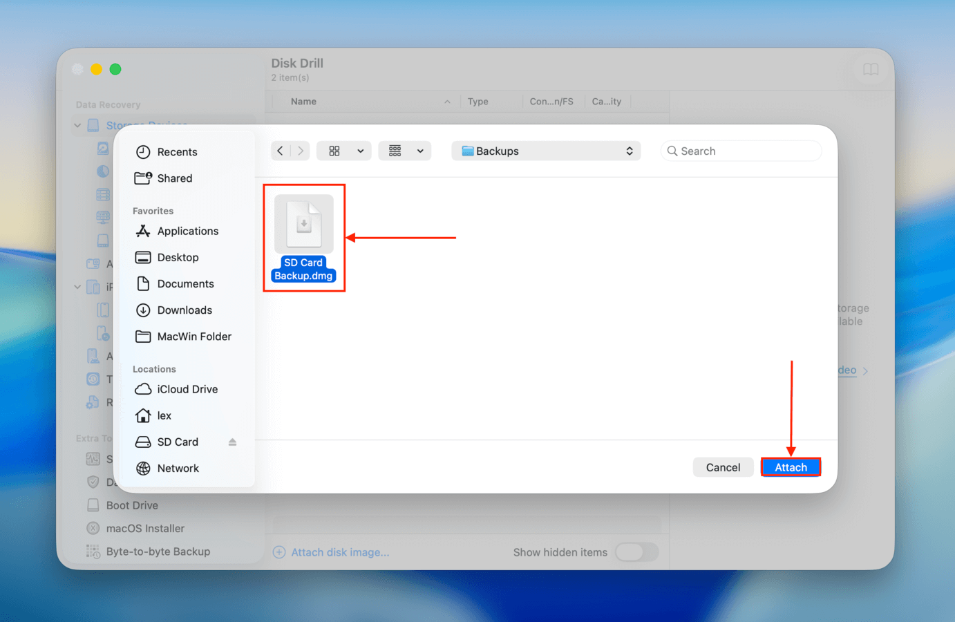 Finding the backup image to upload to Disk Drill