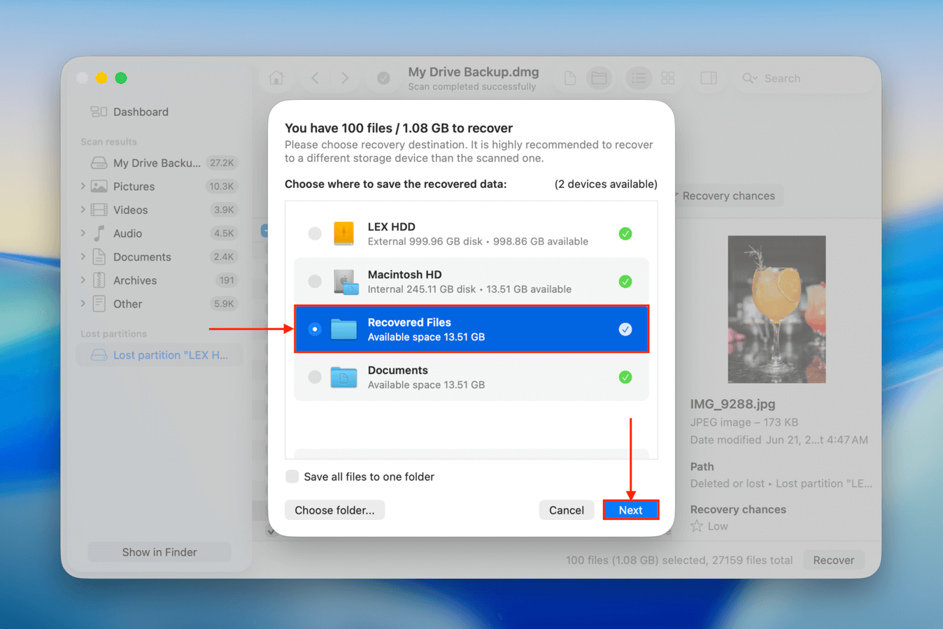 Choosing a save location for Disk Drill's recovered files
