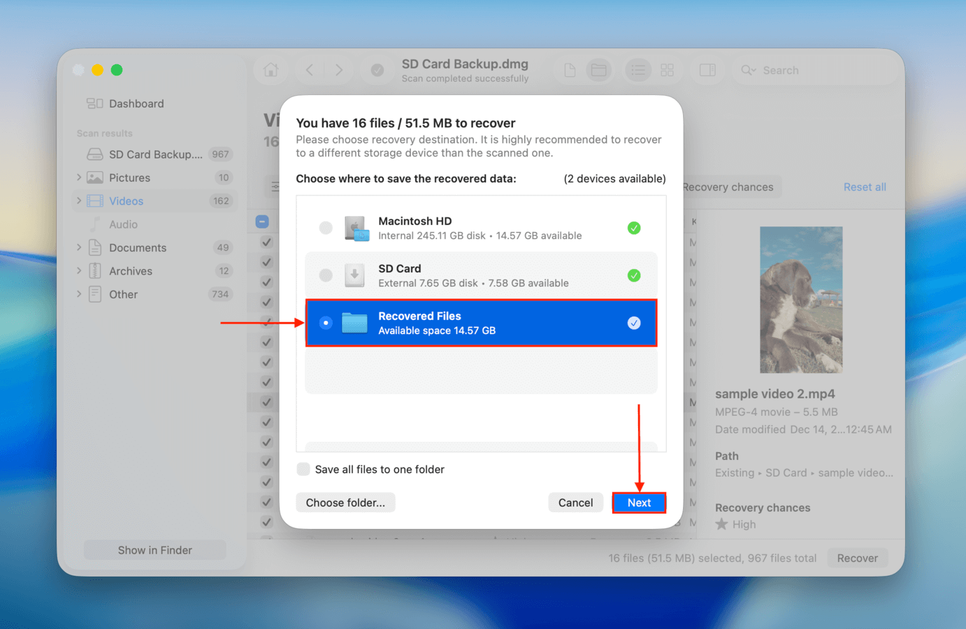 Choosing a save location for recovered SD card files in Disk Drill