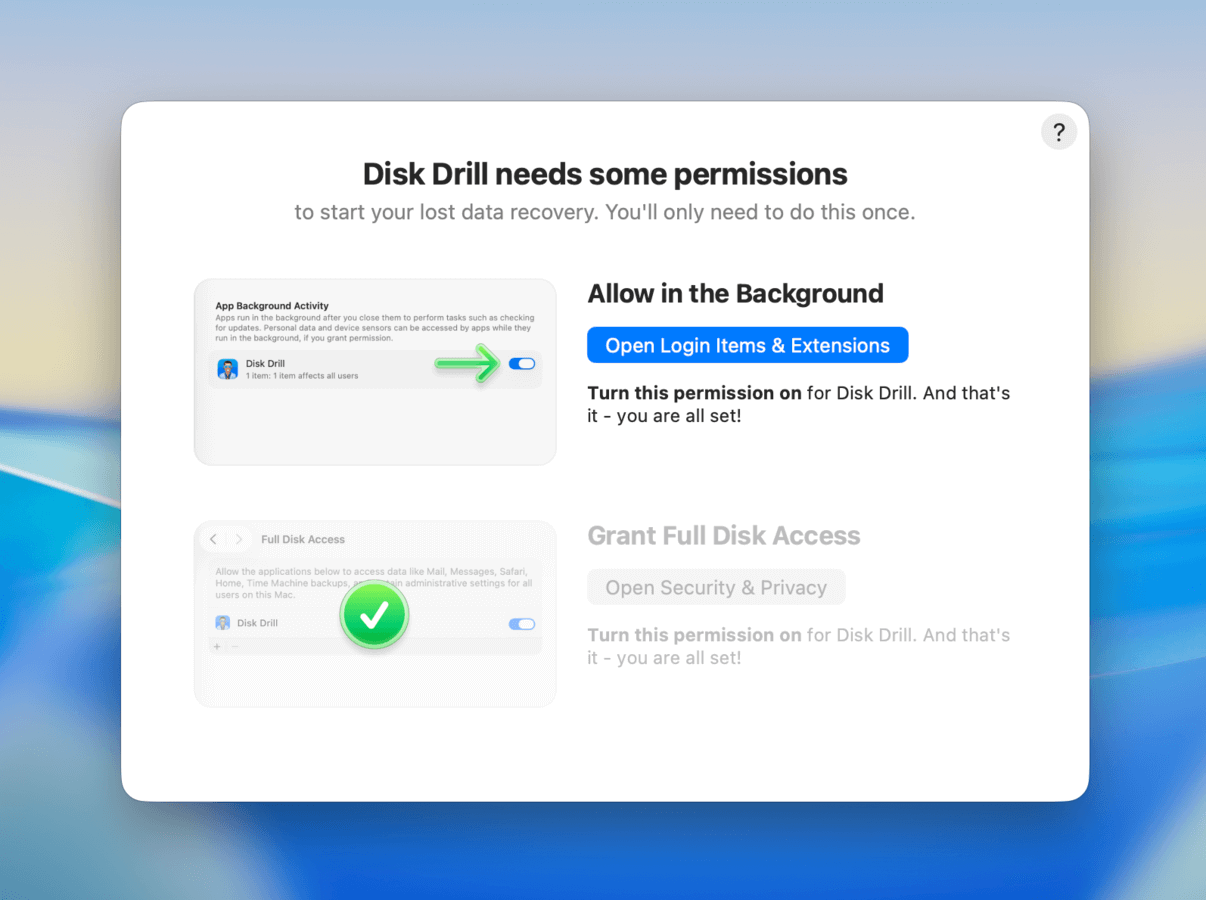 Disk Drill permissions dialog window