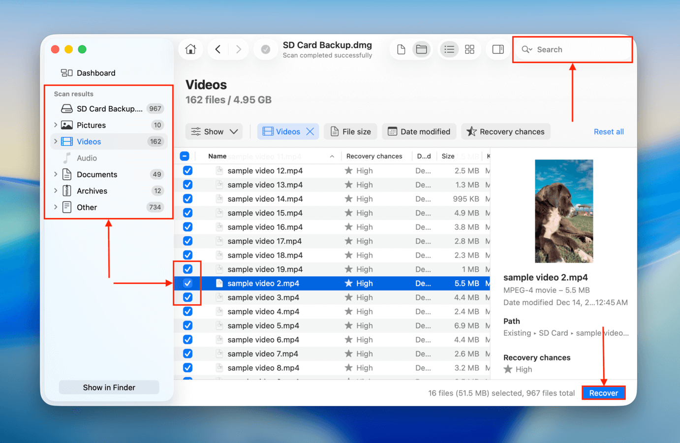 Choosing the SD card files for recovery with Disk Drill