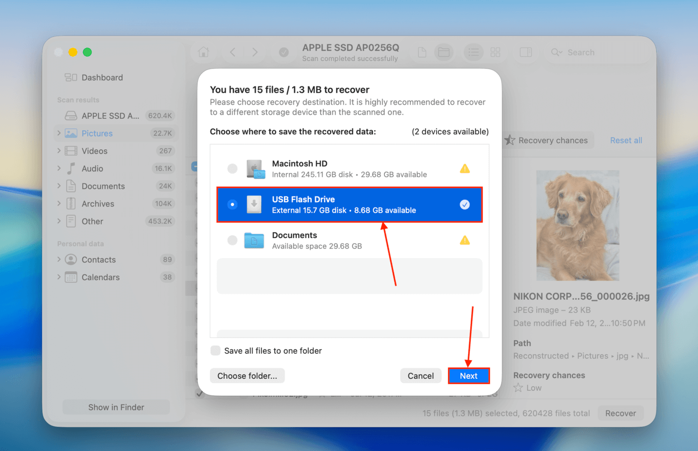 Choosing a destination folder for Disk Drill's recovered files