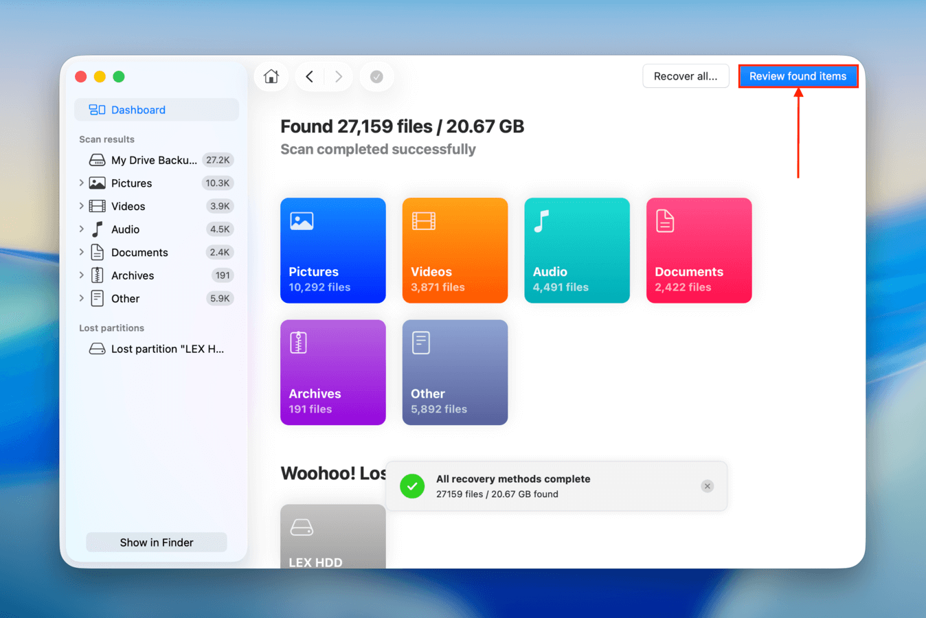 Review found files button in Disk Drill