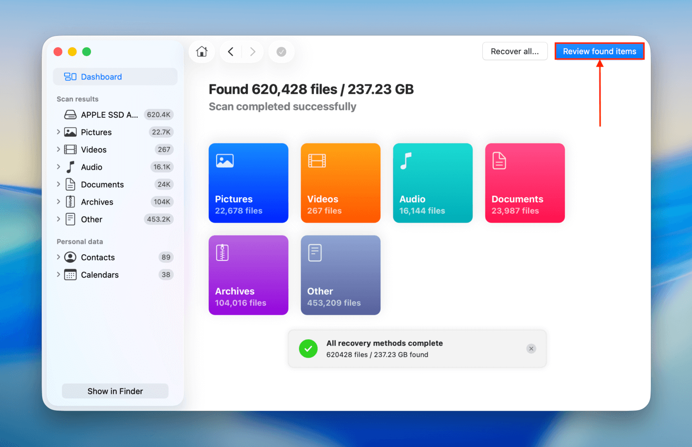 Disk Drill's scan completion screen