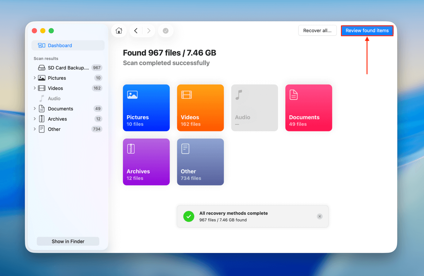 Reviewing the found SD card files in Disk Drill